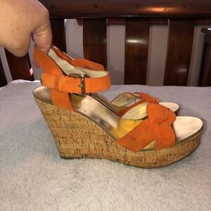 MICHAEL Michael Kors Orange Suede Amber Cork Wedge Ankle Strap Sandals